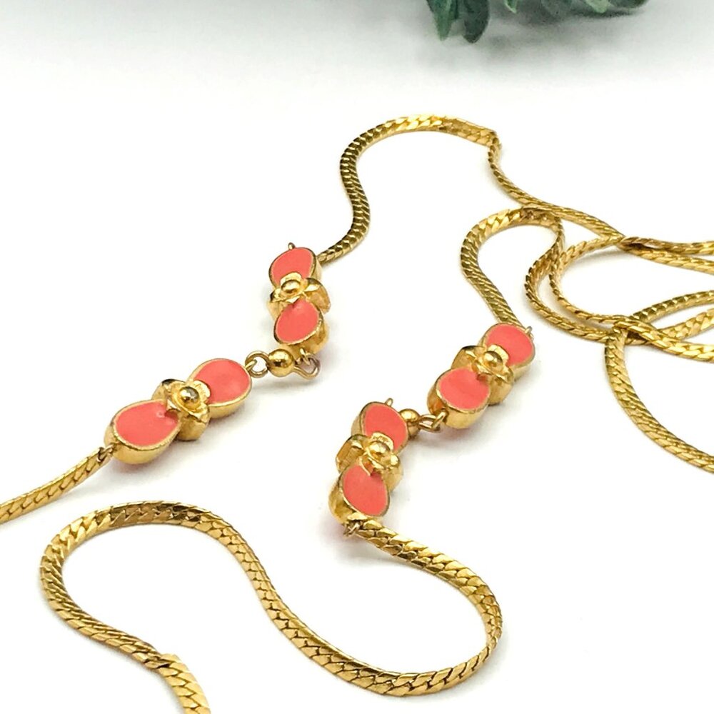 Vintage Monet Gold-Tone Chain Necklace With Coral Enamel Flower Accents & Lobste